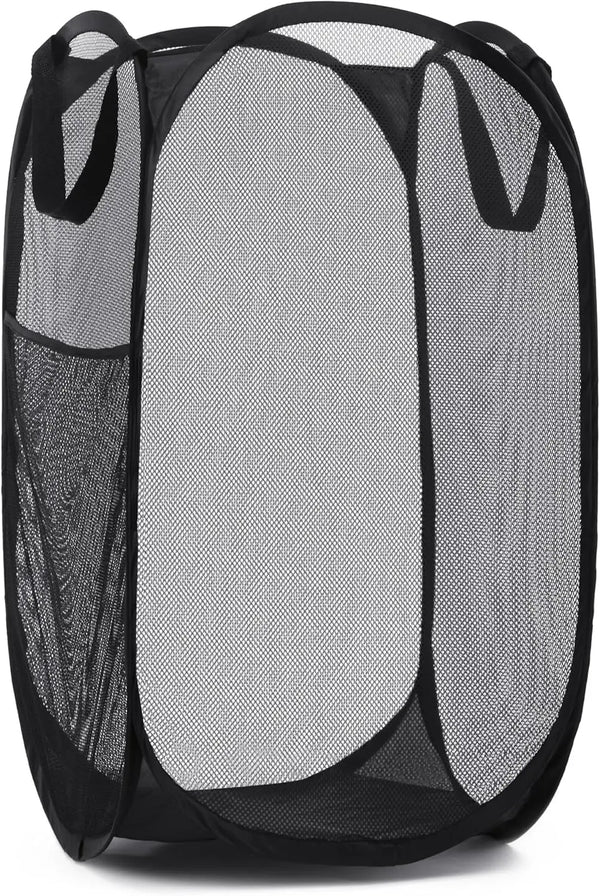 Collapsible mesh pop-up hamper, black, wide opening, side pocket, breathable, foldable, space-saving for clothes & storage