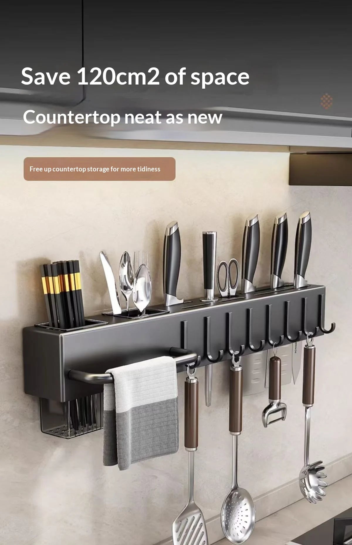 Heavy Duty Carbon Steel Wall Mounted Kitchen Organizer No Drill Knife Rack Kitchen Spoon Chopstick Barrel Multi-function Space S