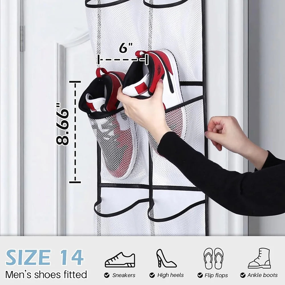 12 Pockets Over the Door Shoe Organizer Large Mesh Pockets With 2 Hooks Transparent Fabric Shoe Rack Storage Bag For Bedroom
