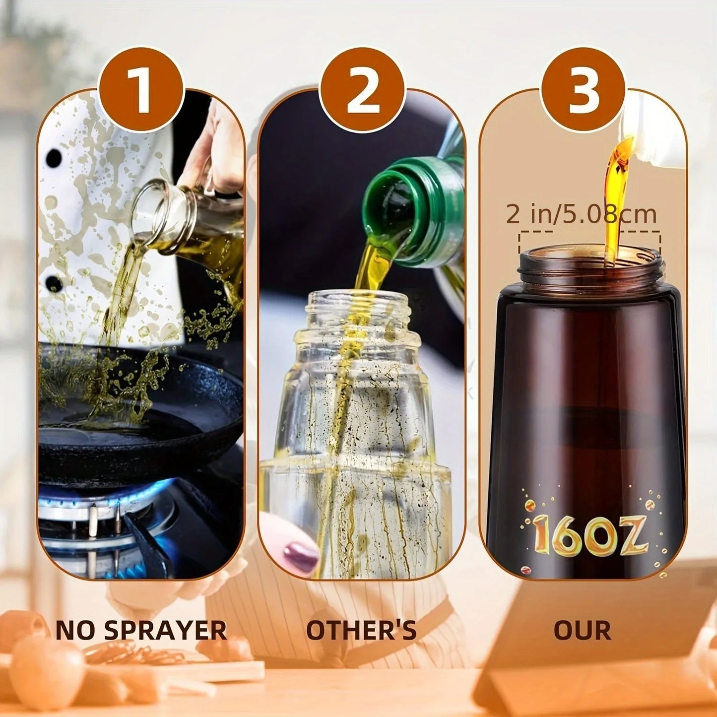 16oz/470ML Light Blocking Brown Oil Sprayer for Cooking 2 in 1 Olive Oil Dispenser Bottle for Kitchen Oil Bottle Seasoning Tools