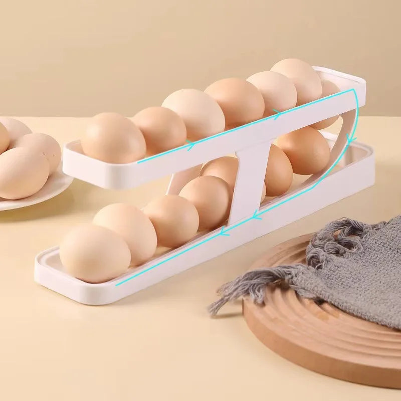 Automatic Scrolling Egg Rack Kitchen Egg Holder Storage Box Egg Basket Container Organizer Rolldown Refrigerator Egg Dispenser
