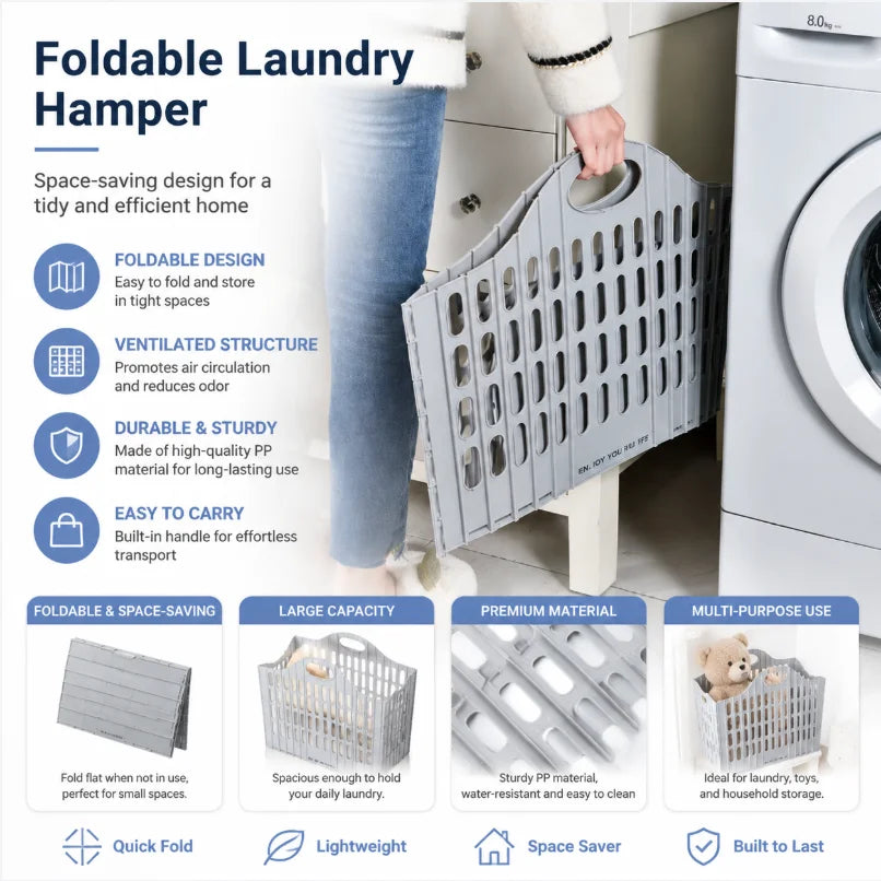 Foldable Plastic Laundry Hamper, Ventilated Space Saving Dirty Clothes Storage Basket with Built-in Handle, Large Capacity Collapsible Laundry Basket for Bathroom, Bedroom, Toys & Household Organizer
