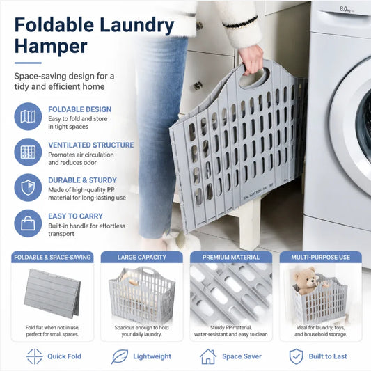 Foldable Plastic Laundry Hamper, Ventilated Space Saving Dirty Clothes Storage Basket with Built-in Handle, Large Capacity Collapsible Laundry Basket for Bathroom, Bedroom, Toys & Household Organizer