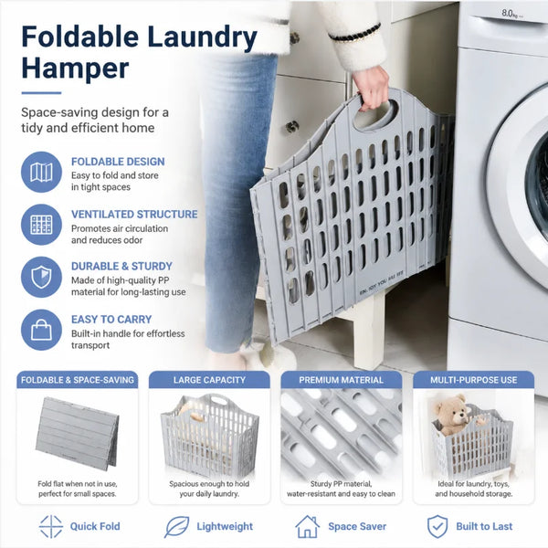 Foldable Plastic Laundry Hamper, Ventilated Space Saving Dirty Clothes Storage Basket with Built-in Handle, Large Capacity Collapsible Laundry Basket for Bathroom, Bedroom, Toys & Household Organizer