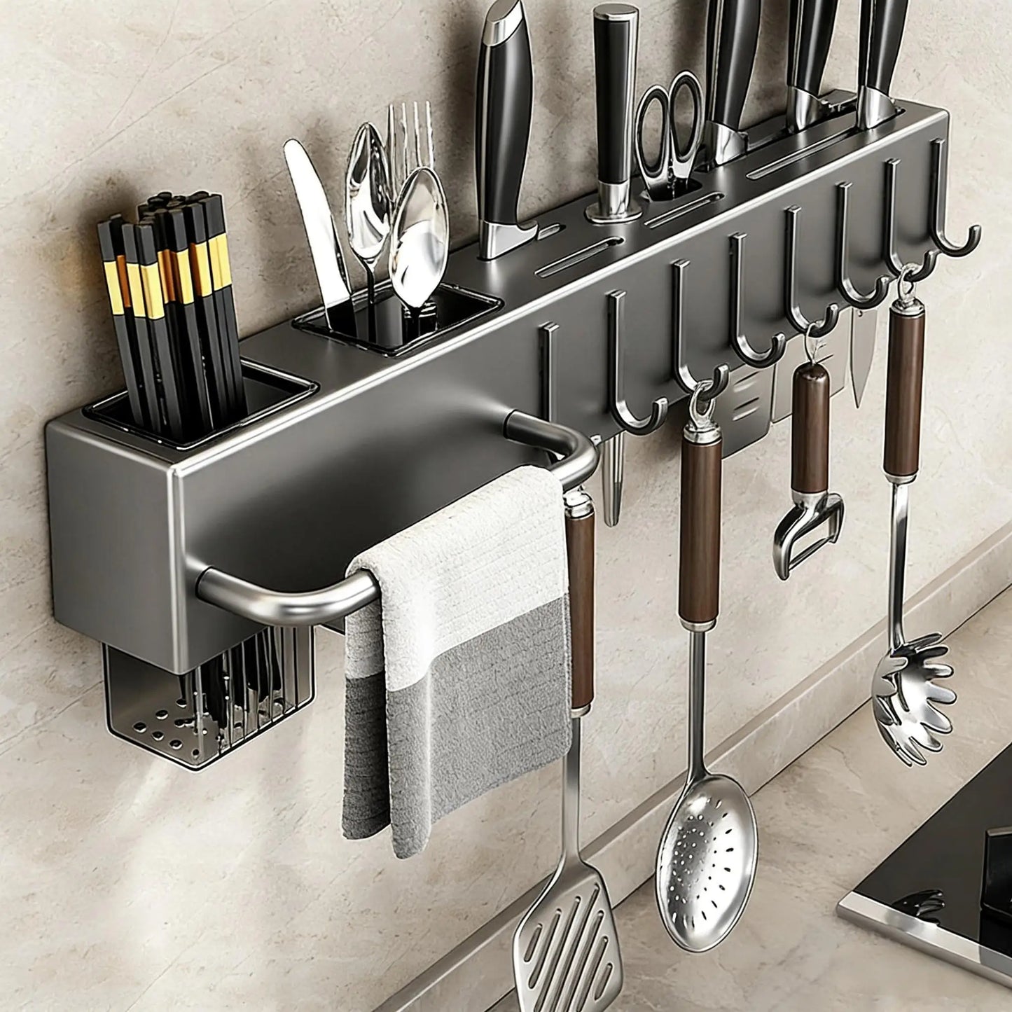 Heavy Duty Carbon Steel Wall Mounted Kitchen Organizer No Drill Knife Rack Kitchen Spoon Chopstick Barrel Multi-function Space S